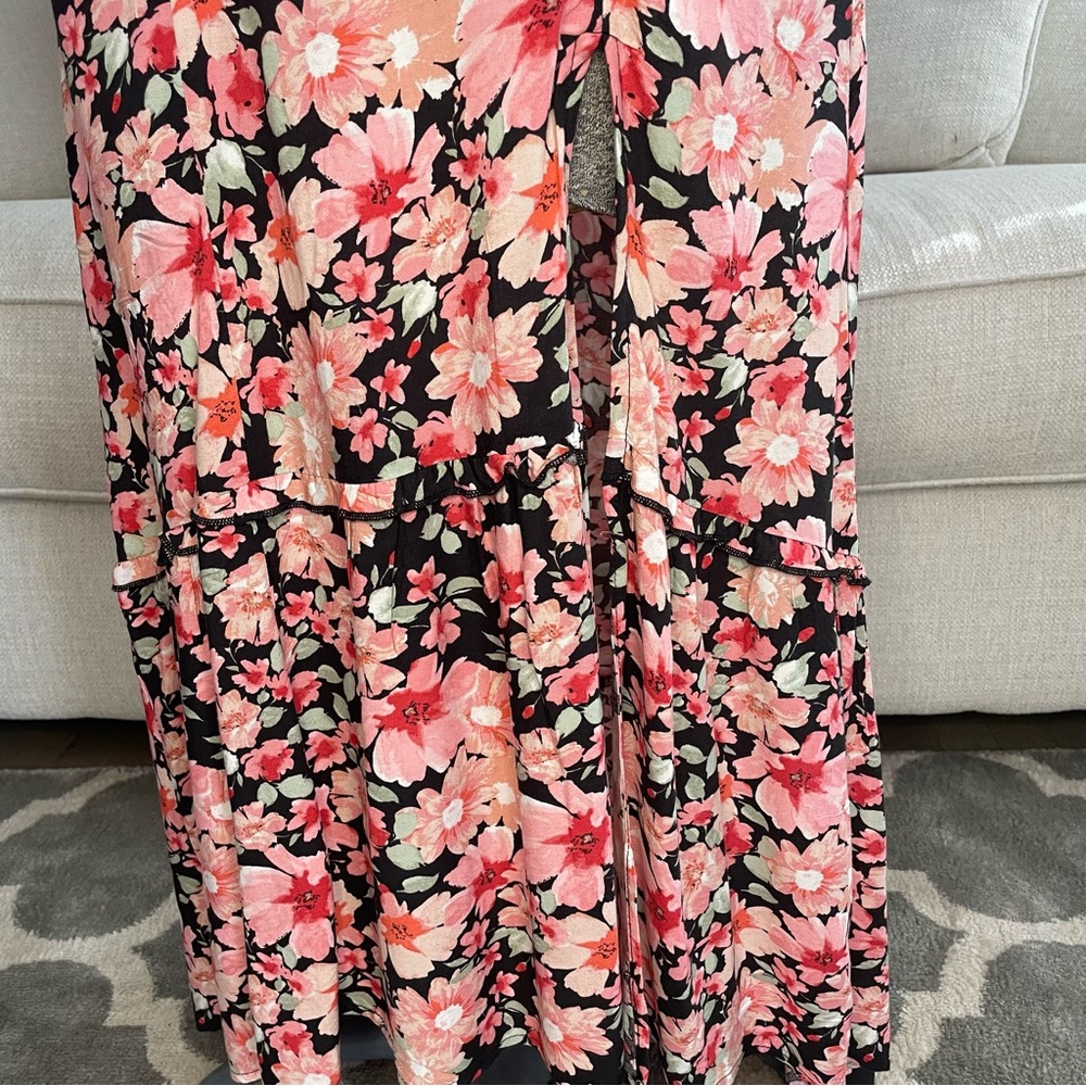 XS pink red black green floral print midi high low dress - Picture 7 of 11